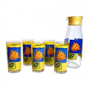 Vintage Luminarc Matys Tulip Glasses & Pitcher Set Floral Retro Drinkware France